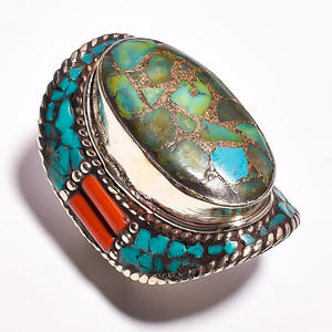 แหวนพลอยปะการังเทอร์ควอยส์ธรรมชาติเครื่องประดับขายส่งแหวนทำด้วยมือผู้จำหน่ายแหวนเครื่องประดับทิเบต - Product Image 3