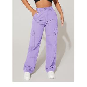Pantalones cargo holgados de tiro alto de sarga informales personalizados para mujer con precios al por mayor, proveedor de bolsillos de BD - Product Image 6