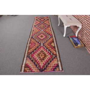 Vintage Runner Rug 2.7x10.5 ft, Turkish Kilim <b>Brown</b> Solid <b>Wool</b> Rug - Product Image 1