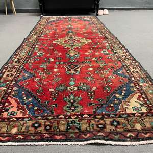 พรมตุรกีขนาด 3.5x9.2 ฟุต, พรมวินเทจลายทาง, พรมลายสัตว์สีแดงน้ำเงิน - Product Image 1