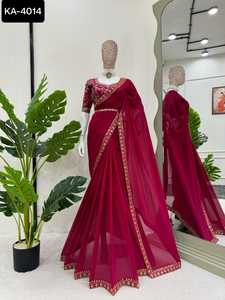 Las mujeres de lujo usan Sari de trabajo bordado Threar pesado con blusa de seda Mono Benglori diseñador de moda suave Sari de seda Banarasi - Product Image 2