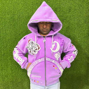 Sweats à capuche en coton mélangé 3D avec impression bouffante à fermeture éclair pour hommes sweats à capuche vintage délavés au soleil pour hommes - Product Image 1