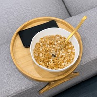 Plateau rond pliable en bambou pour accoudoir de canapé, avec pince à fruits et rangement, pour salon