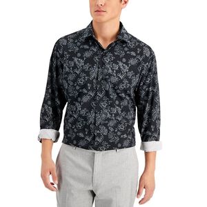 Camicia Casual da Uomo Alfani in Popeline Elasticizzato a 4 Vie Vestibilità Regolare Maniche Lunghe Antipiega Nera Taglie 14-14 1/2 32-33 - Product Image 1