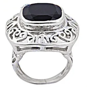 Bague de fiançailles cocktail pour femme en argent sterling 925 avec onyx noir, bijou géométrique vintage, plaqué rhodium noir - Product Image 3