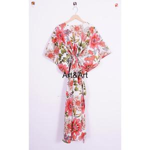 Vestido Corto Kaftan de Algodón Natural para Mujer, Estampado Floral Hecho a Mano, Estilo Sexy para Club Nocturno, Cuello en V, con Borlas, Casual - Product Image 5