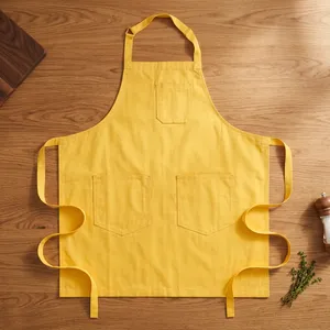 Yellow Bib <b>Apron</b> with 3 Pockets Canvas Woven Reusable Durable Simple Style Machine Washable for <b>Cooking</b> Daily Use - Product Image 1