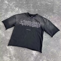 Camisetas de alta calidad para hombre de talla grande lavado con ácido negro DTG impreso cuello redondo hombro caído camiseta inferior de angustia para hombres
