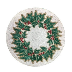 Set de table rond en verre perlé, vert crème à rayures, bord festonné, sous-plat en raphia, pour Noël et les fêtes, pour la maison et les hôtels - Product Image 2