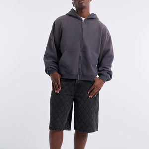 Sweat à capuche épais à fermeture éclair intégrale en coton 100% avec logo personnalisé, épaules tombantes, coupe ample, sweat à capuche zippé pour homme - Product Image 3