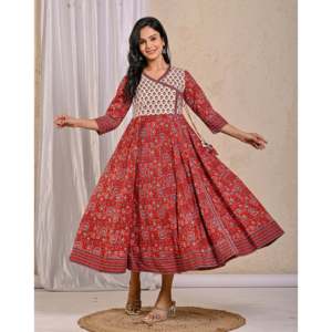 Vestido indio rojo Jaal Jaipuri estampado, Angrakha largo de algodón, Choli con Lehenga y Salwar, estilo Bollywood, Saree - Product Image 4