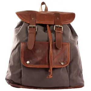 Latest women backpack in grey canvas and waxy brown leather, flap with buckles patched outside pocket adjustable straps