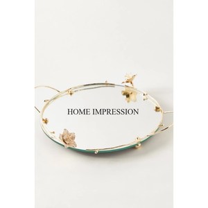 Bandeja de espejo transparente de forma redonda de alta calidad estándar con marco de diseñador de flores hechas de metal resistente para servir bandeja de espejo - Product Image 1