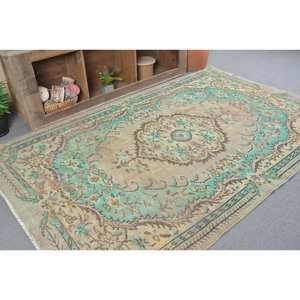 Tapis Vintage Turc 5.6 X 8.8ft Bleu Beige Laine Motif Abstrait Style Tabriz pour Entrée 9x12 Rectangle Couloir Design Latex - Product Image 2