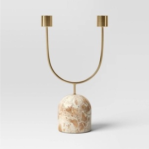 Gray Marble & <b>Gold</b> <b>Candle</b> Holder with Cylindrical Design and Lit White Pillar <b>Candles</b> Elegant Accent for Home & Hotels - Product Image 6