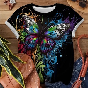 Art coloré T-shirt à motif de papillon coloré Personnalité à la mode Bas noir à manches courtes - Product Image 2