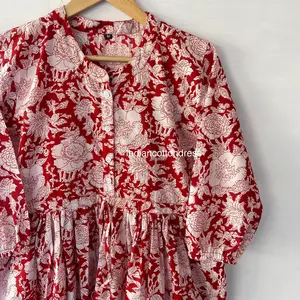 Modern Red Floral Cotton <b>Dress</b> for Women Handmade New Sweet Style Pub Club Wear Wholesale Supply from India - Product Image 5