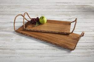 Plateau de service en bois perlé Plateau de charcuterie Plateau à fromages avec poignées en métal Plateau décoratif Taille personnalisée Couleur bois naturel - Product Image 3