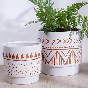 Ensemble de pots en céramique de qualité supérieure avec motif de feuilles modernes, porte-plantes décoratif durable pour l'intérieur et l'extérieur - Product Image 3