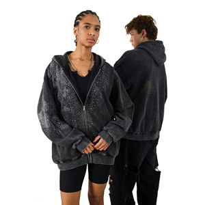 Sweat-shirt à capuche unisexe lavé avec fermeture éclair, imprimé de strass personnalisés, épaules tombantes, délavage acide, hiver, 100% coton épais, sweat-shirt pour femme - Product Image 2