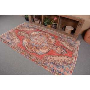 Tapis Vintage Anatolien Rouge Bleu 4.3X7 pieds Classique Grande Surface Laine Turque Latex Patchwork pour Couloir Rectangle Classique - Product Image 3