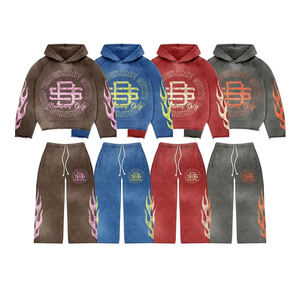 Ensemble de survêtement décontracté confortable en coton 100% de haute qualité 2025 avec impression personnalisée du nom de la marque et effet délavé - Product Image 1