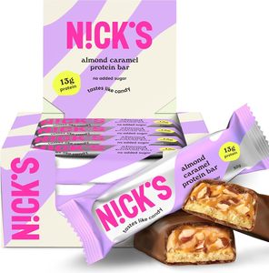 NICKS Low Carb <b>Protein</b> Bar Almond Caramel Chocolate, 13g <b>Protein</b>, 201 Calories, Keto <b>Protein</b> Bar Snacks (12 <b>Protein</b> Bars x 50g) - Product Image 1