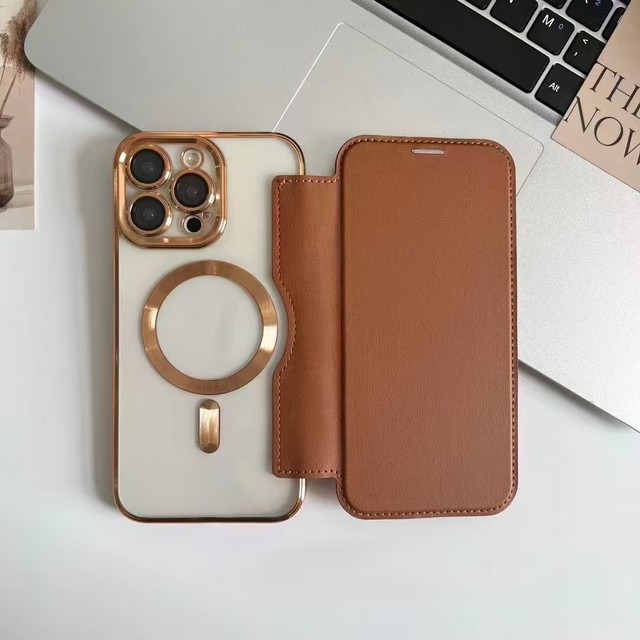 Flip Business PU Leather Wireless Magnetic Phone Cover for iPhone 16 15 Pro Max Plus Card Wallet Transparent Case for S25 S24U