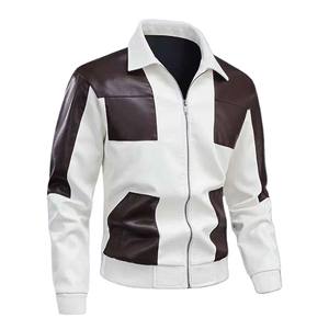 Personalizable hombres Vintage geométrico chaqueta de cuero genuino diseño de bloque impermeable cierre de cremallera liso teñido frente de lona - Product Image 5