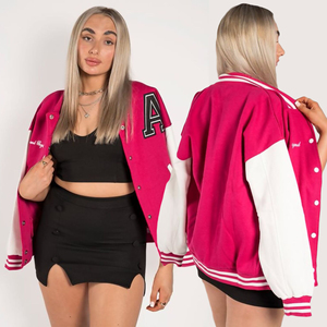 Blouson bombardier Vintage femme rose à la mode col montant personnalisé tricoté poignets déchirés fermeture à boutons Varsity tissé tissage - Product Image 1