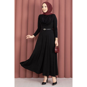 Robe de soirée noire en crêpe avec décolleté en V, décorations pailletées, taille empire, ceinture confortable, coupe trapèze, taille XL, longueur ras du sol - Product Image 3