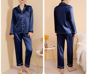 Alta calidad casual al por mayor transpirable logotipo personalizado pijamas de seda con mangas largas y pantalones largos ropa de dormir para mujer - Product Image 3