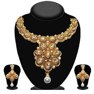 Conjunto de collar Kriaa de piedra blanca de lujo y Kundan con anillos y pendientes chapados en oro, joyería fina Vintage para regalo - Product Image 1