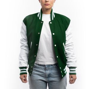 Chaqueta Varsity para Mujer, Hecha a Medida, Ecológica, Resistente al Viento y Transpirable, con Cuerpo de Lana Verde y Mangas de Cuero Blanco Brillante - Product Image 2