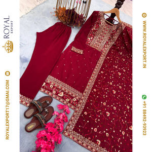 Lancement de la nouvelle collection de vêtements de soirée de créateur Look Pure Chinon Silk Top Bottom et Dupatta Set - Product Image 3