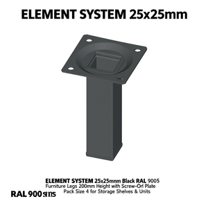 Patas para Muebles ELEMENT SYSTEM de 25x25 mm, Color Negro RAL 9005, 200 mm de Altura con Placa Atornillable, Paquete de 4 para Estantes y Muebles de Almacenamiento - Product Image 3