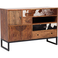 Aparador de Madera Maciza India de Lujo Vintage con Cajones de Cuero Surtido y Patas de Metal con Pelo de Búfalo para Comedor, Dormitorio, Bar en Casa