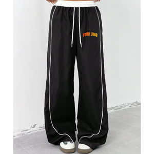 Pantalon de survêtement décontracté pour homme, noir, en laine peignée, lourd, vintage, pattes d'éléphant, bordures latérales, broderie, tricot, taille élastique - Product Image 3