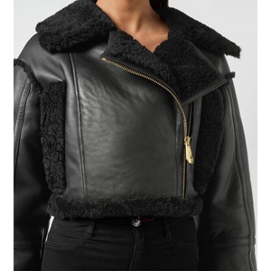 Blouson bombardier noir en peau de mouton pour femme, nouveau Style en peau de mouton, blouson noir en fausse fourrure - Product Image 5