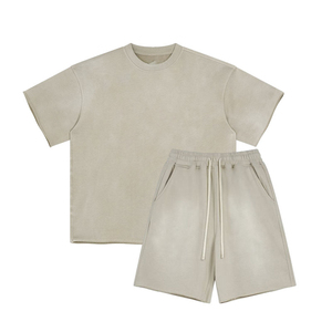 Venta al por mayor de alta calidad 100% algodón 360 gramos peso pesado de gran tamaño Vintage camiseta y conjunto corto para los hombres - Product Image 2