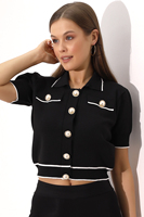 Cardigan court en tricot pour femme, à manches courtes, col polo boutonné, tricot personnalisé, cardigan élastique