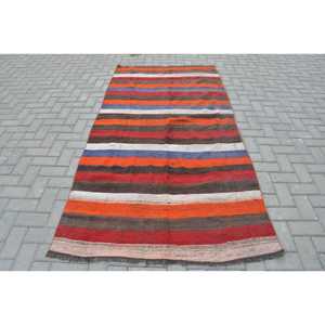 4.1x8.3 ft Rug, Turkish Kilim Rug, Vintage <b>Red</b> <b>Wool</b> Abstract Rug - Product Image 1