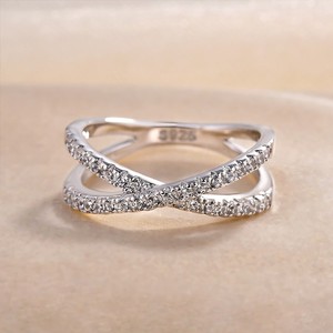 2 mm round cut moissanite criss cross band double row pave <b>ring</b> white gold plated elegant <b>stacking</b> jewelry - Product Image 1