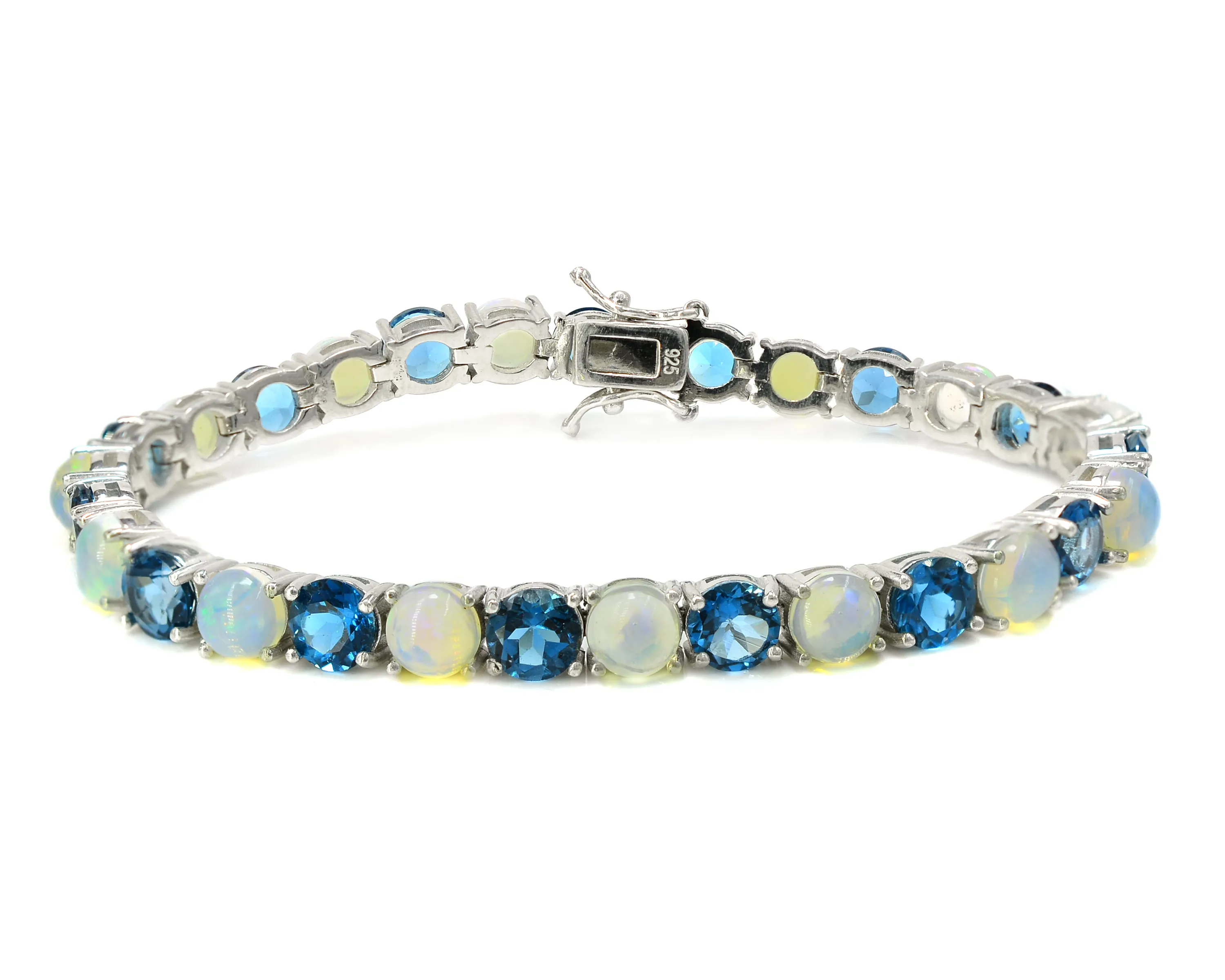 22.55 Carat Natural Etíope Opal & London Topázio Azul Pulseira Forma Redonda 925 Sterling Silver Tennis Bracelet Fabricação