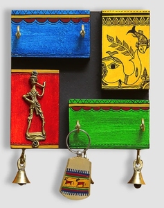 In-Key-genious warli ที่ใส่กุญแจไม้ทาสีด้วยมือพร้อมตะขอแขวนผนัง4อันสำหรับบ้าน - Product Image 5