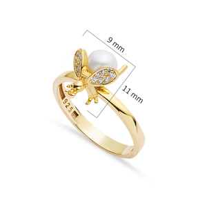 Anillo artesanal con diseño de abeja, con perlas y circonitas, en plata de ley 925, joyería fina para mujer, para venta al por mayor en Turquía. - Product Image 4