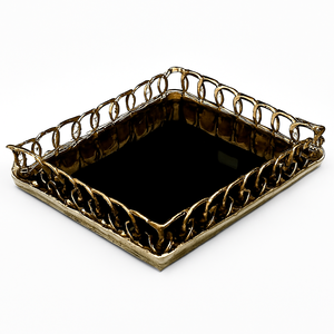 Plateau rectangulaire élégant en métal doré avec bordure à boucle circulaire pour la maison et la cuisine Plateau à manger - Product Image 5