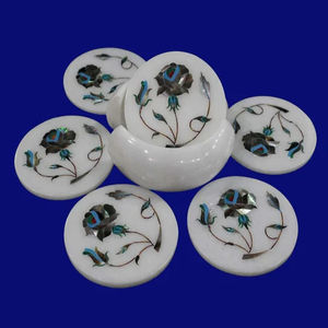 Posavasos Redondos de Mármol con Incrustaciones de Diseño Antiguo de Lujo, Hechos a Mano, Personalizables, con Patrón de Hojas, Lavables, para Uso Doméstico, Venta al Por Mayor - Product Image 1