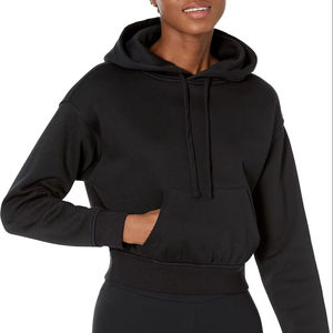 Sudadera con capucha extragrande transpirable para mujer, top corto de manga larga con hombros caídos, estilo casual con cordón y logo frontal de forro polar. - Product Image 1