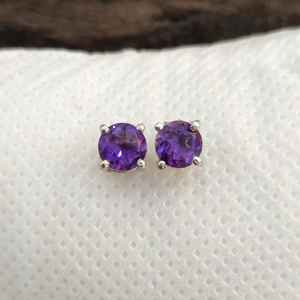 Natural Amethyst Stud Earrings 925 Sterling Silver 14K Gold Plated Cute February Birthstone Simple Everyday Jewelry Anniversary - Product Image 6